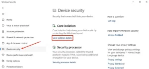 گزینه Core Isolation Details در برنامه Windows Security.