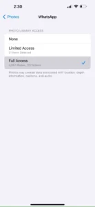 تنظیمات حریم خصوصی Full Access برای WhatsApp Photos