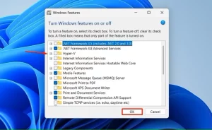 گزینه Hyper-V در پنجره Turn Windows features on or off.