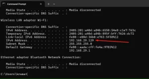 آدرس IP در پنجره Command Prompt.