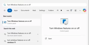 جستجوی Turn Windows features on or off در منوی Start