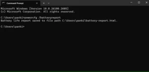 فرمان گزارش باتری در پنجره ترمینال