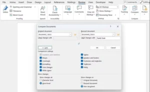 کادر محاوره ای مقایسه اسناد در سند Microsoft MS Word