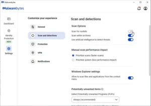 گزینه اسکن rootkit malwarebytes