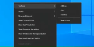 منوی زمینه Windows 10 Taskbar با گزینه Toolbar