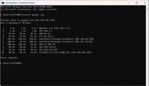 نتایج دستور tracert پس از اجرا در گوگل.