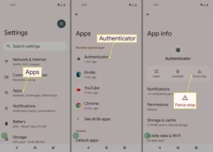 برنامه، برنامه Authenticator و توقف اجباری در تنظیمات Android