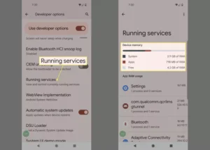 خدمات در حال اجرا و حافظه دستگاه در تنظیمات Android برجسته شده است