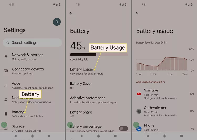 باتری و مصرف باتری در تنظیمات Android برجسته شده است