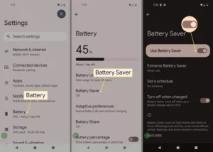 کلیدهای Battery، Battery Saver و Use Battery Saver در تنظیمات Android برجسته شده است
