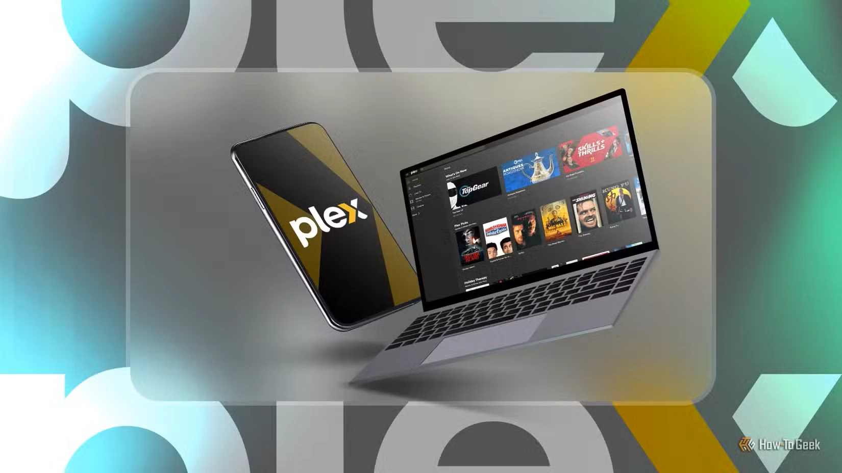 یک تلفن با لوگوی Plex و یک لپ‌تاپ در کنار آن با صفحه اصلی Plex.