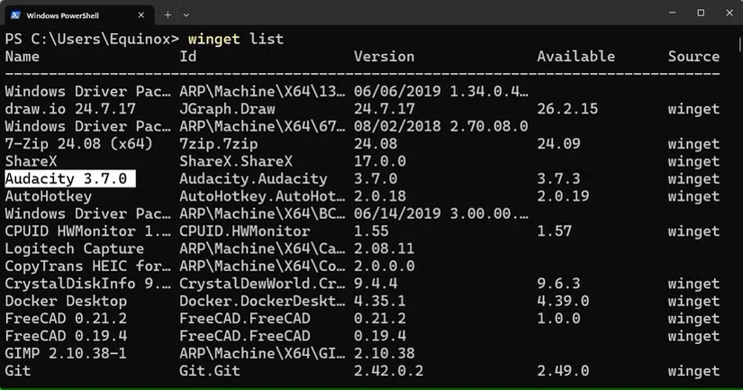 Audacity در خروجی ترمینال از winget list انتخاب شده است.