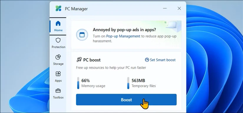 صفحه اصلی Microsoft PC Manager در ویندوز 11