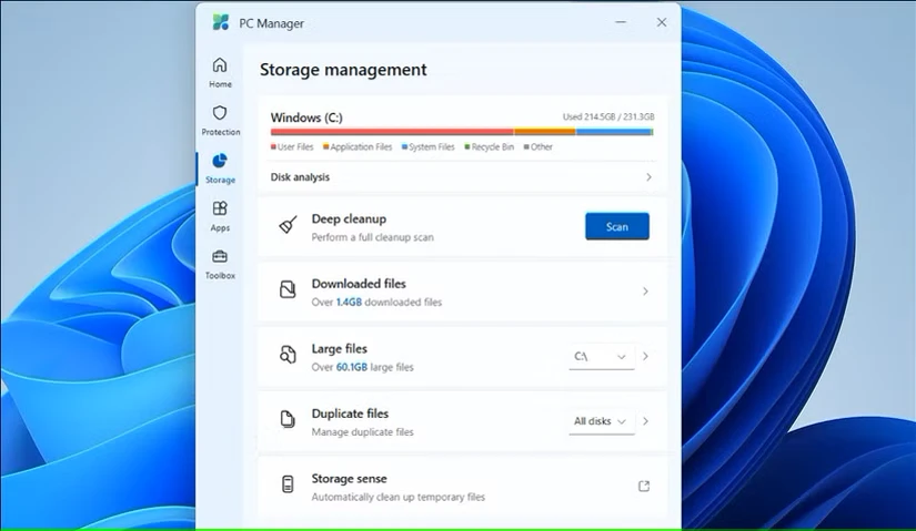 رابط مدیریت فضای ذخیره‌سازی Microsoft PC Manager
