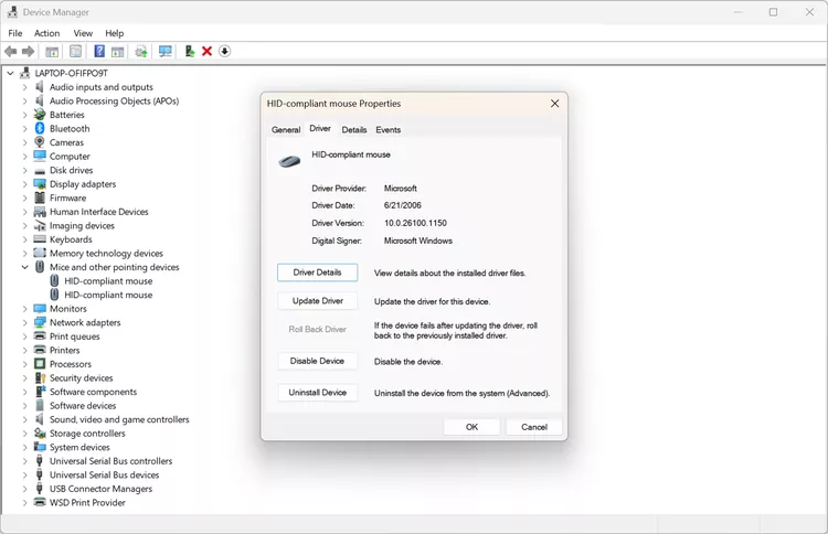 گزینه های برگه Driver برای یک صفحه لمسی در Windows 11 Device Manager