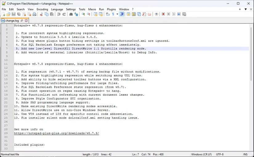 Notepad++ روی ویندوز با آخرین فایل changelog.txt باز اجرا می‌شود