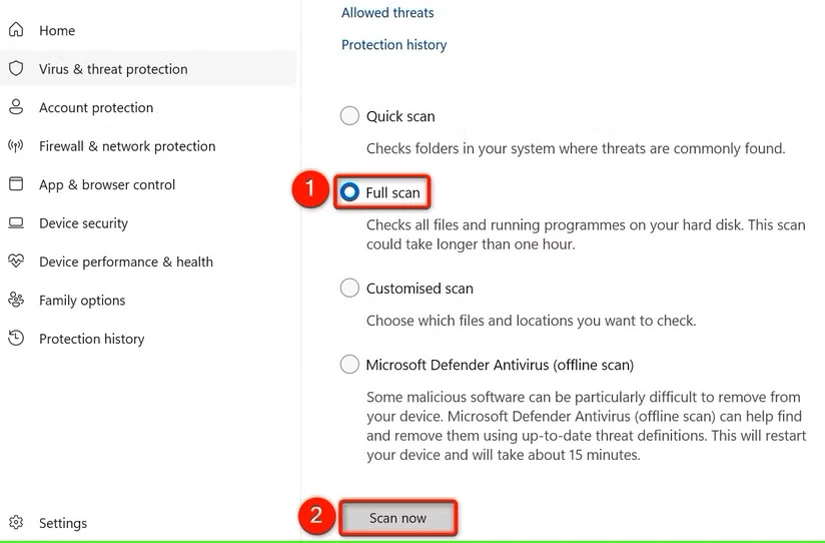 "Full Scan" و "Scan Now" در Windows Security هایلایت شده‌اند.