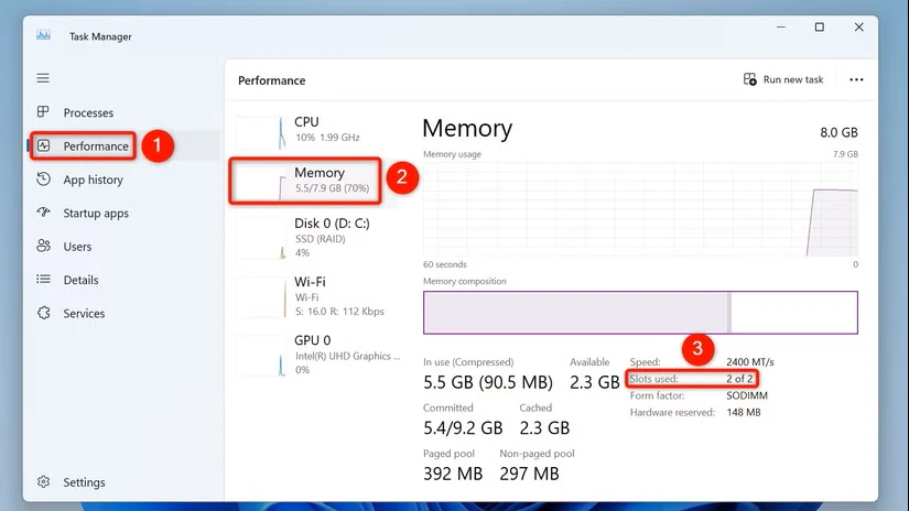 «عملکرد»، «حافظه» و «شکاف‌های استفاده شده» در Task Manager برجسته شده‌اند.