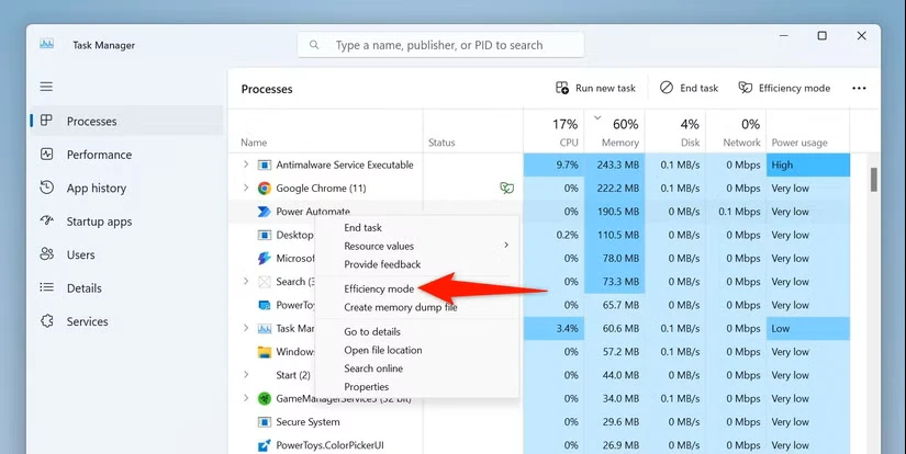 "Efficiency Mode" برای یک برنامه در Task Manager هایلایت شده است.