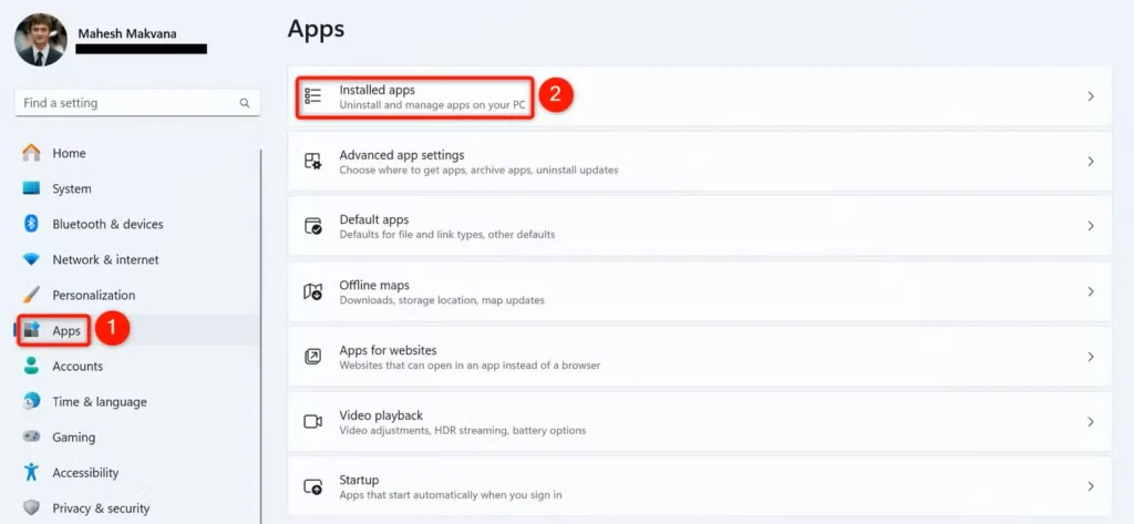 "برنامه‌ها" و "برنامه‌های نصب‌شده" که در تنظیمات ویندوز ۱۱ هایلایت شده‌اند.