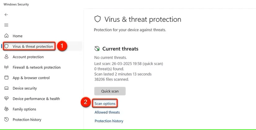 "Virus & Threat Protection" و "Scan Options" در Windows Security هایلایت شده‌اند.