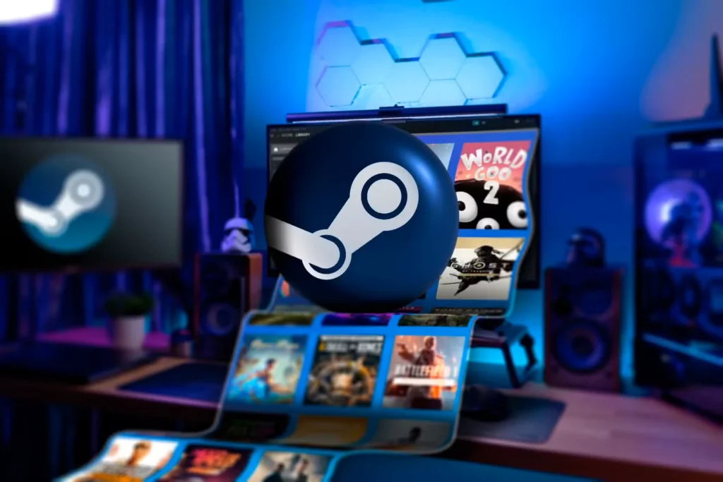 یک کامپیوتر مخصوص بازی با چندین بازی Steam که از صفحه نمایش بیرون می‌آیند و لوگوی Steam در مرکز.