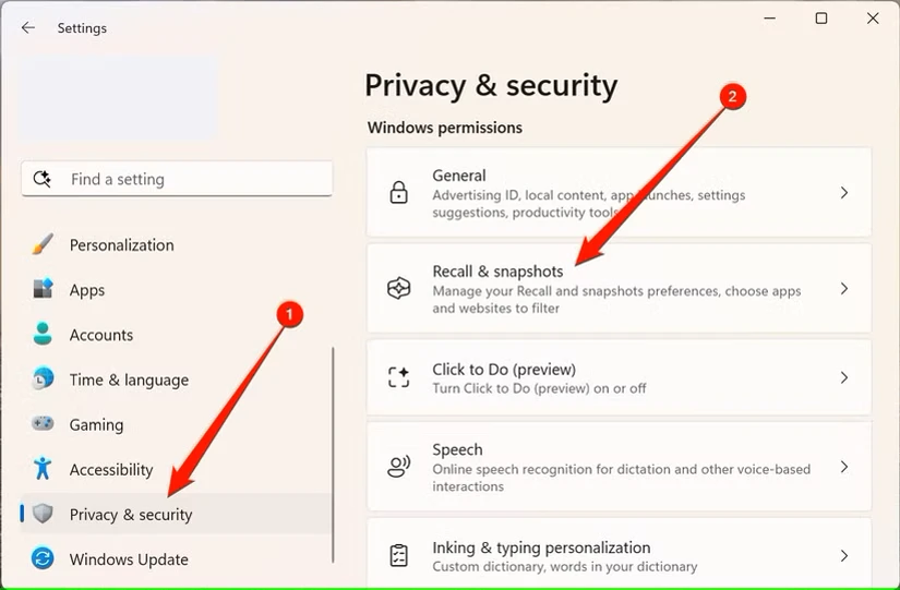 "Privacy & security" را انتخاب کنید، سپس به "Recall & Snapshots" بروید.