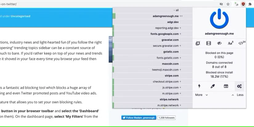 تصویری از منوی uBlock Origin با آیکون برجسته شده در داشبورد