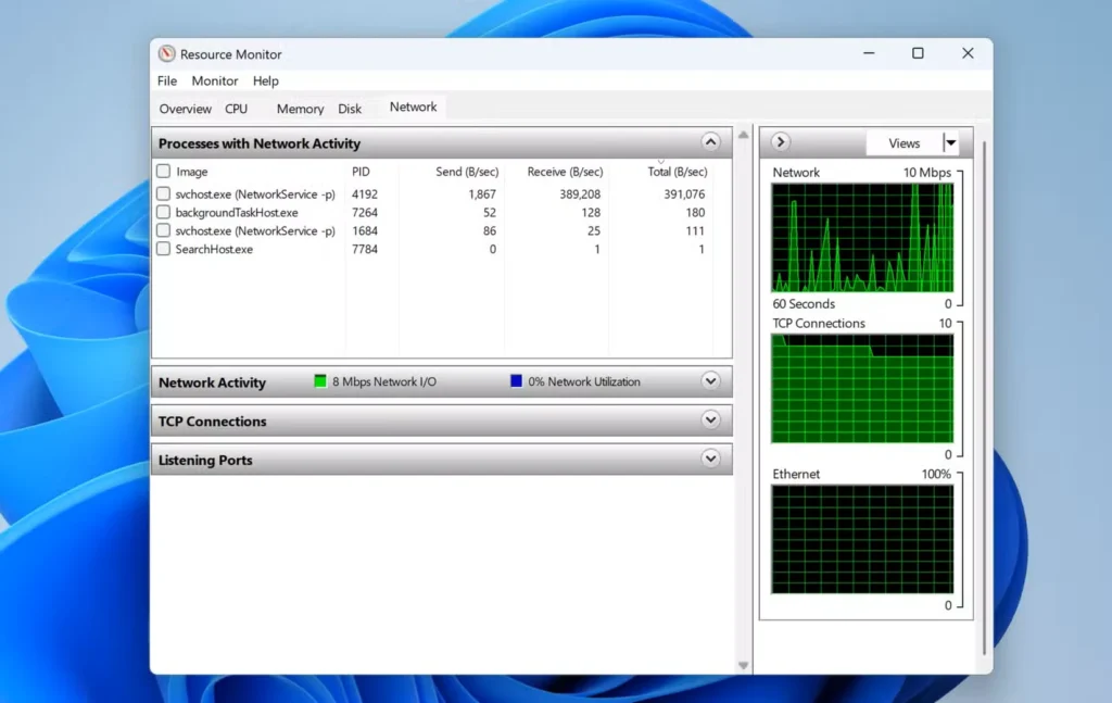 Resource Monitor ویندوز ۱۱، استفاده از شبکه را نشان می‌دهد